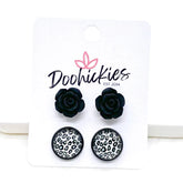 12mm Black Roses & Silver Leopard in Black Setting Duos