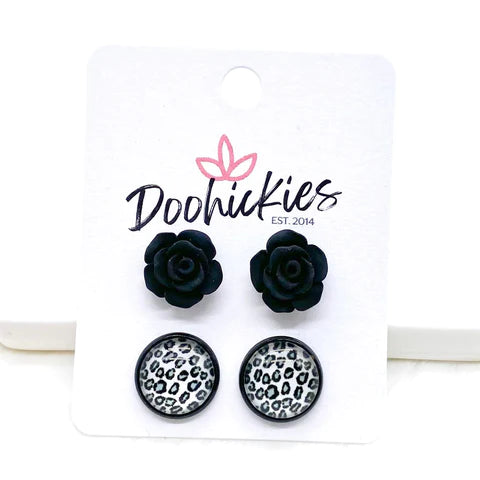 12mm Black Roses & Silver Leopard in Black Setting Duo Earrings