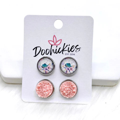 12mm Pink/Mint Floral & Pink Crystals Stainless Steel Settings Duo Earrings
