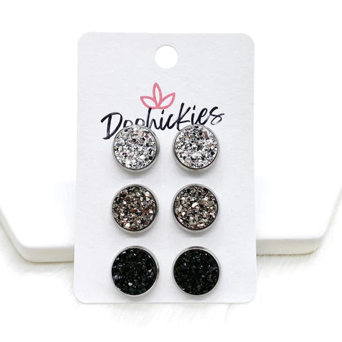12mm Silver/Gunmetal/Black in Stainless Steel Triplet Earrings