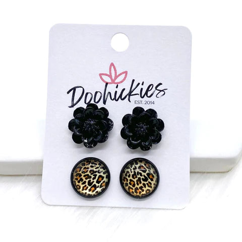 Black Flowers & 12mm Golden Leopard Duo Earrings