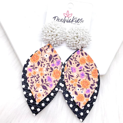 2.5" Layered Petals & Seed Pom Earrings - Ditsy Floral/Polka Dot
