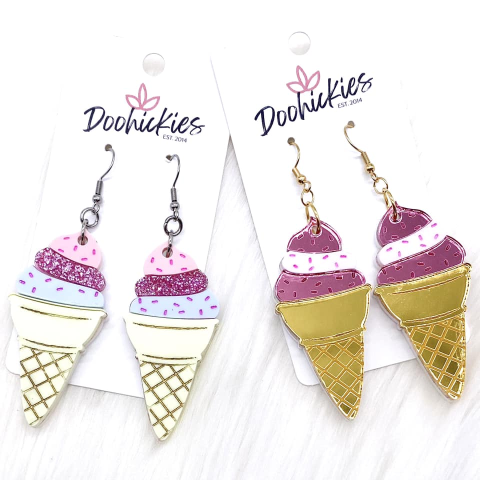 Ice Cream Cone Acrylics -Summer Earrings - Mirror Cone