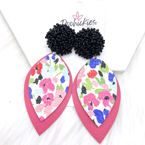 3.5" Black Seed Bead &Summer Floral Layered Leaf Earrings