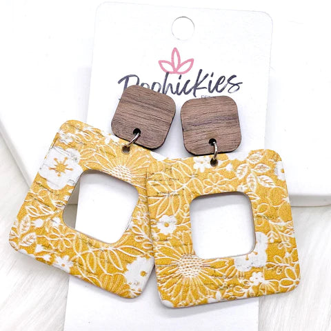 2" Walnut & Fall Cubie Dangle Earrings - Mustard Floral Lace
