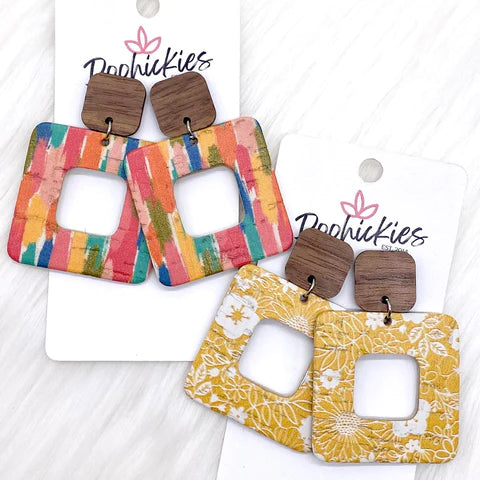 2" Walnut & Fall Cubie Dangle Earrings - Mustard Floral Lace