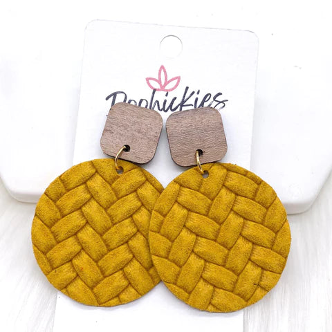 2" Walnut Cube & Box Braided Piggyback Dangle Earrings - Mustard
