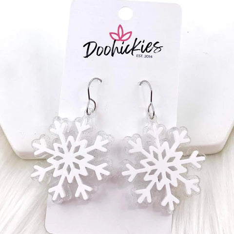 1.5 White Shimmer Snowflake Christmas Acrylic Earrings