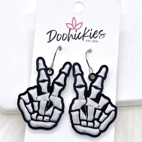 2" Peace Out Engraved Skeleton Acrylics - Halloween Earrings