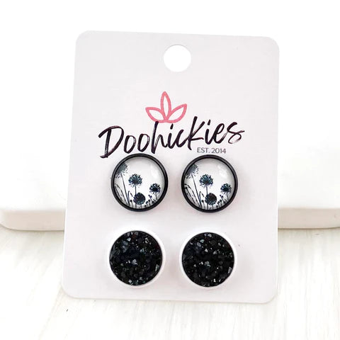 12mm Black Poppies & Black in Black/White Setting Duo Earrings