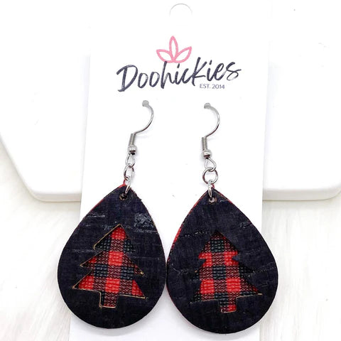 1.5" Black & Red Buffalo Plaid Layered Tree Christmas Earrings