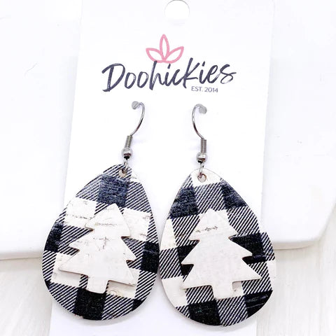 1.5" White Buffalo Plaid 3-D Tree Teardrop Earrings