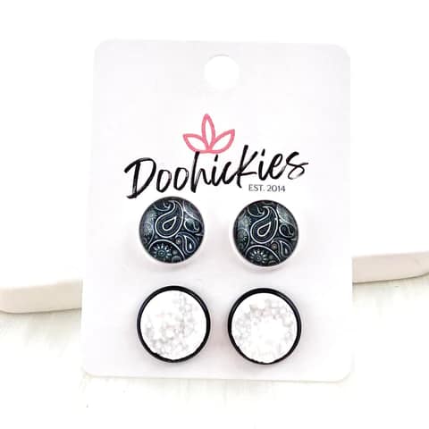 12mm Black Paisley & White in White/Black Settings Duo Earrings