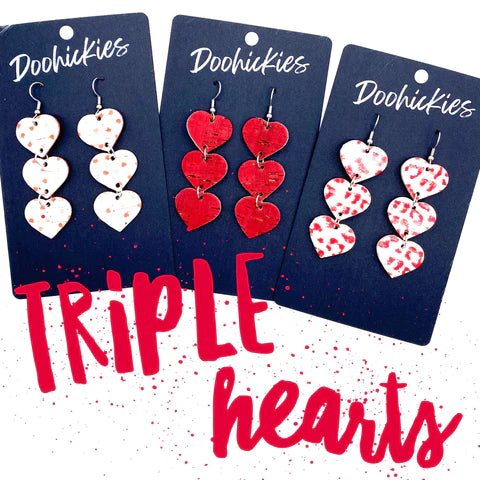 Triple Corkie Heart Drop Earrings - Red & Pink Leopard