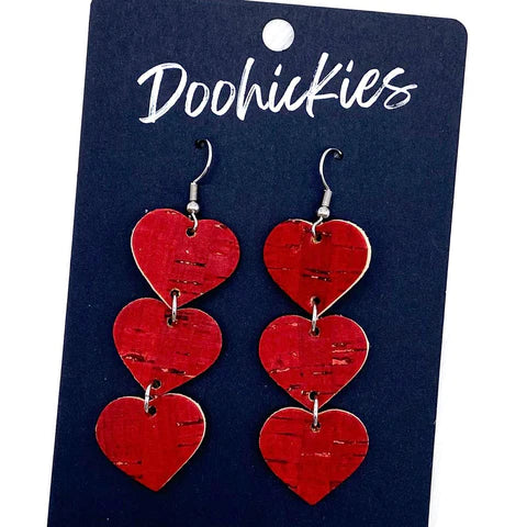 Triple Corkie Heart Drop Earrings - Solid Red
