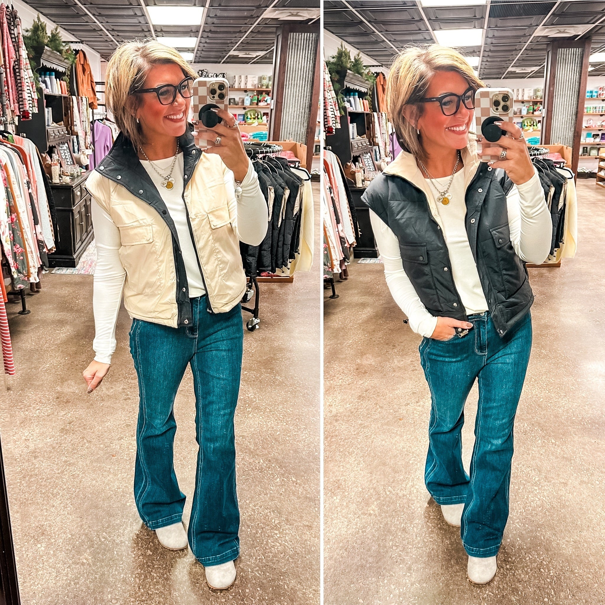 Stay Out All Night Reversible Puffer Vest - Black/Ivory