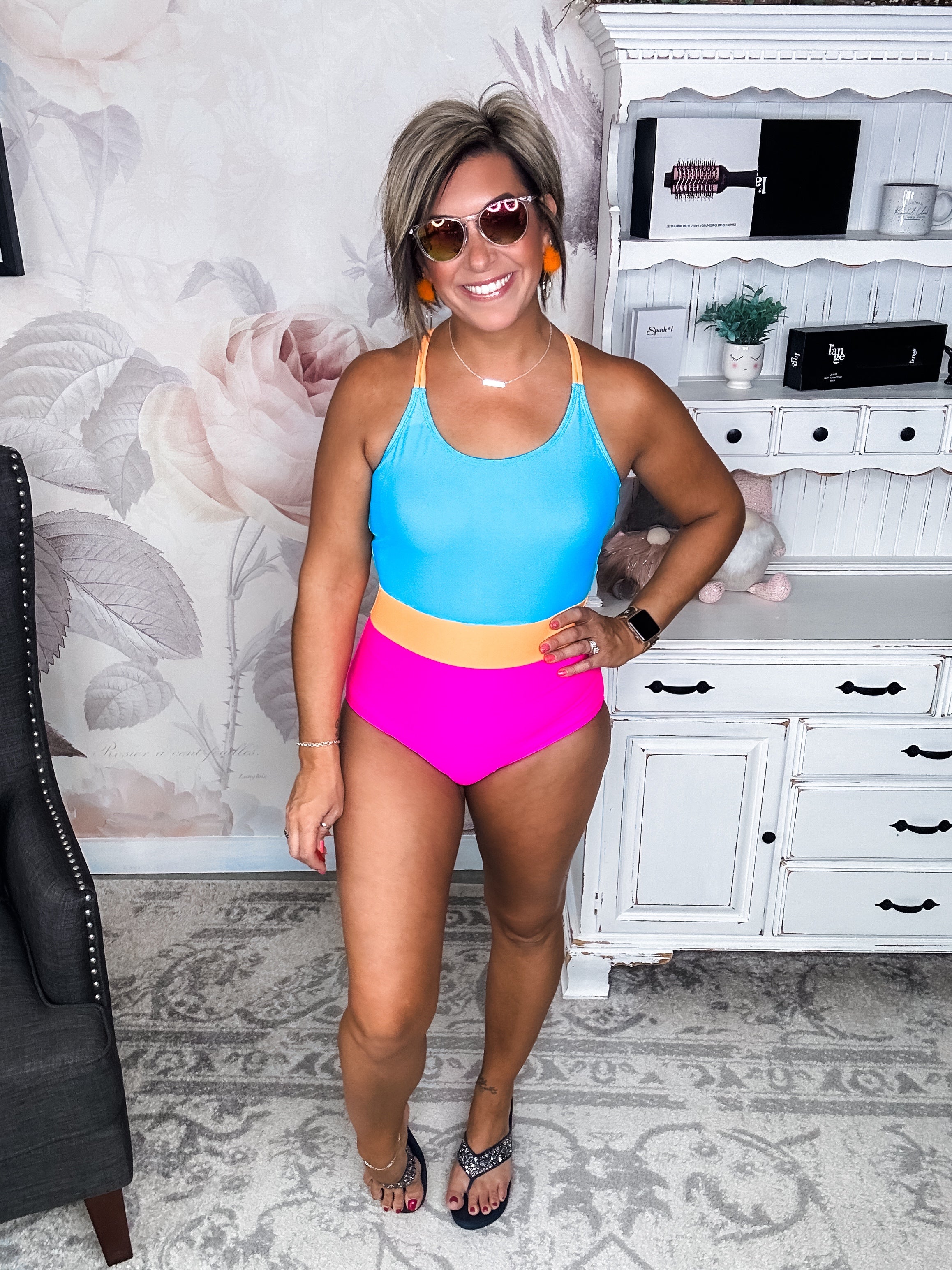 Ocean Outings One Piece Swimsuit - Blue, Orange & Pink