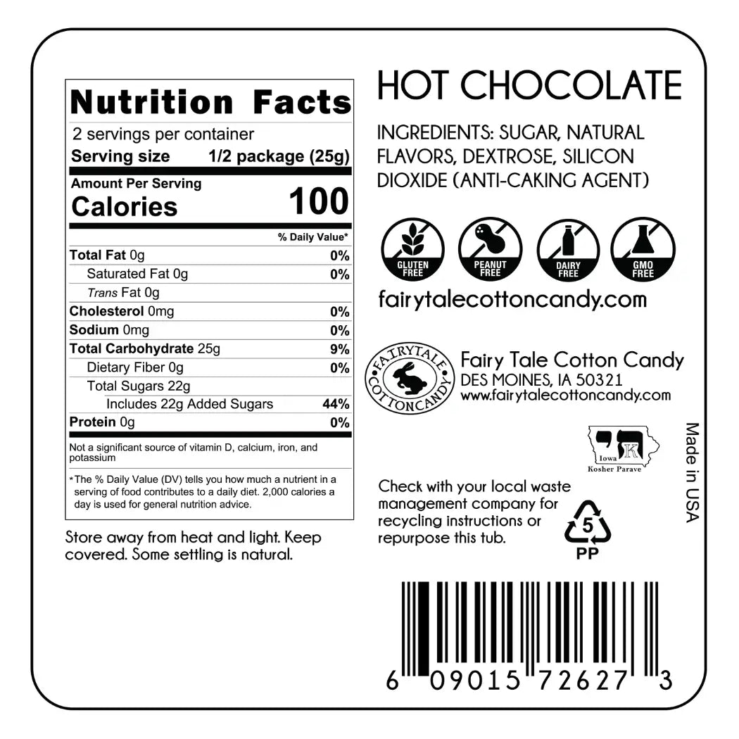 Ingredients: sugar, natural flavors, dextrose, silicon dioxide (anti caking agent)
Nutrition facts: 2 servings per container
Calories 100, total fat 0g, cholesterol 0mg, sodium 0mg, total carbohydrates 25g, dietary fiber 0g, total sugars 22g includes 22g added sugars, protein 0g
Store away from heat and light. Keep covered. Some settling is natural. 
Gluten free, peanut free, diary free, GMO free