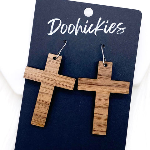 Cross Dangles - Acrylic & Wood Earrings - Walnut Wood
