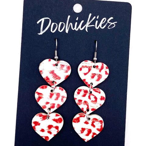 Triple Corkie Heart Drop Earrings - Red & Pink Leopard