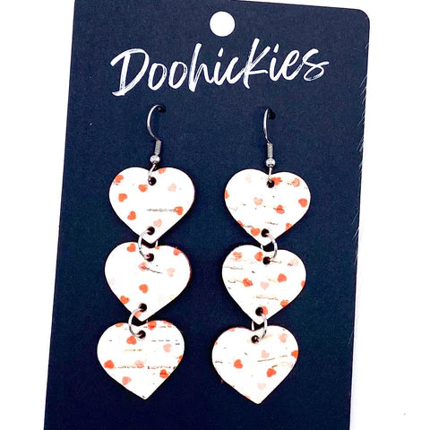 Triple Corkie Heart Drop Earrings - Tiny Red Hearts