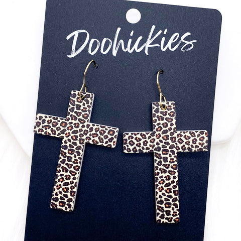Cross Dangles - Acrylic & Wood Earrings - Leopard