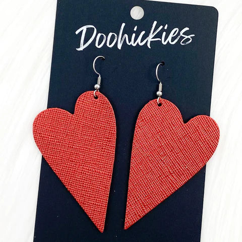 Saffiano Leather Hearts Earrings - Red