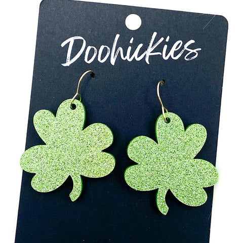 1.5" Hand Drawn Shamrocks St. Paddy's Earrings - Light Green Glitter