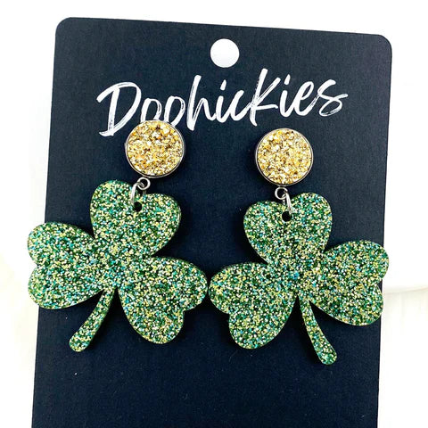 2" Gold & St. Paddy Glitter Shamrock Dangle Acrylic Earrings