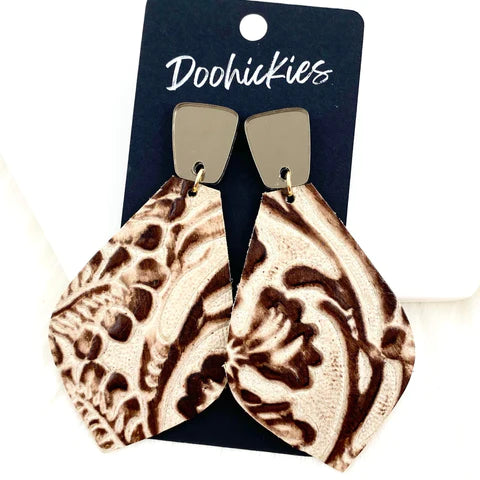 3.25" Colorful Embossed Dangles Western Earrings - Bronze Long Trap & Taupe