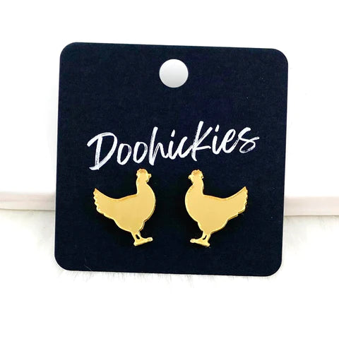 Show Animal Stud Earrings - Mirror Gold Chickens