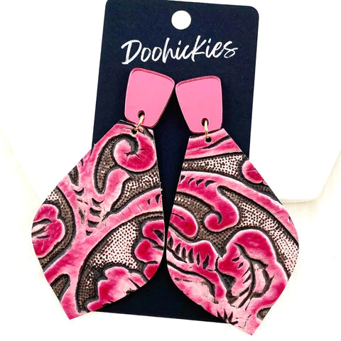 3.25" Colorful Embossed Dangles Western Earrings - Pink Long Trap & Pink