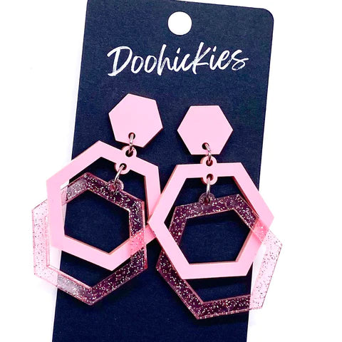 2" Jelly Glitter Hexi Ring Acrylic Earrings - Pink