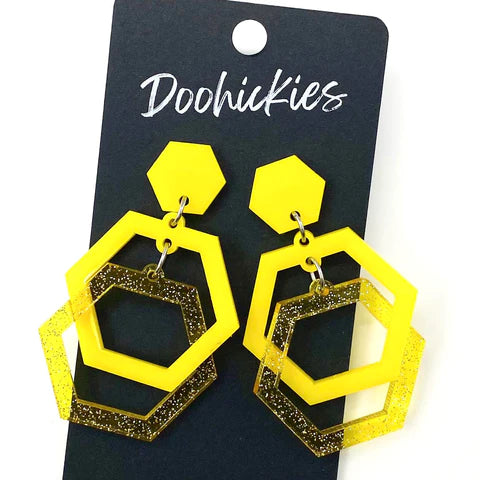 2" Jelly Glitter Hexi Ring Acrylic Earrings - Yellow