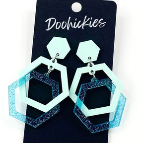 2" Jelly Glitter Hexi Ring Acrylic Earrings - Teal