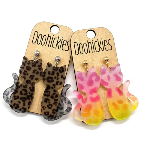 1.75" Kitty Cat Acrylic Earrings - Rainbow Leopard