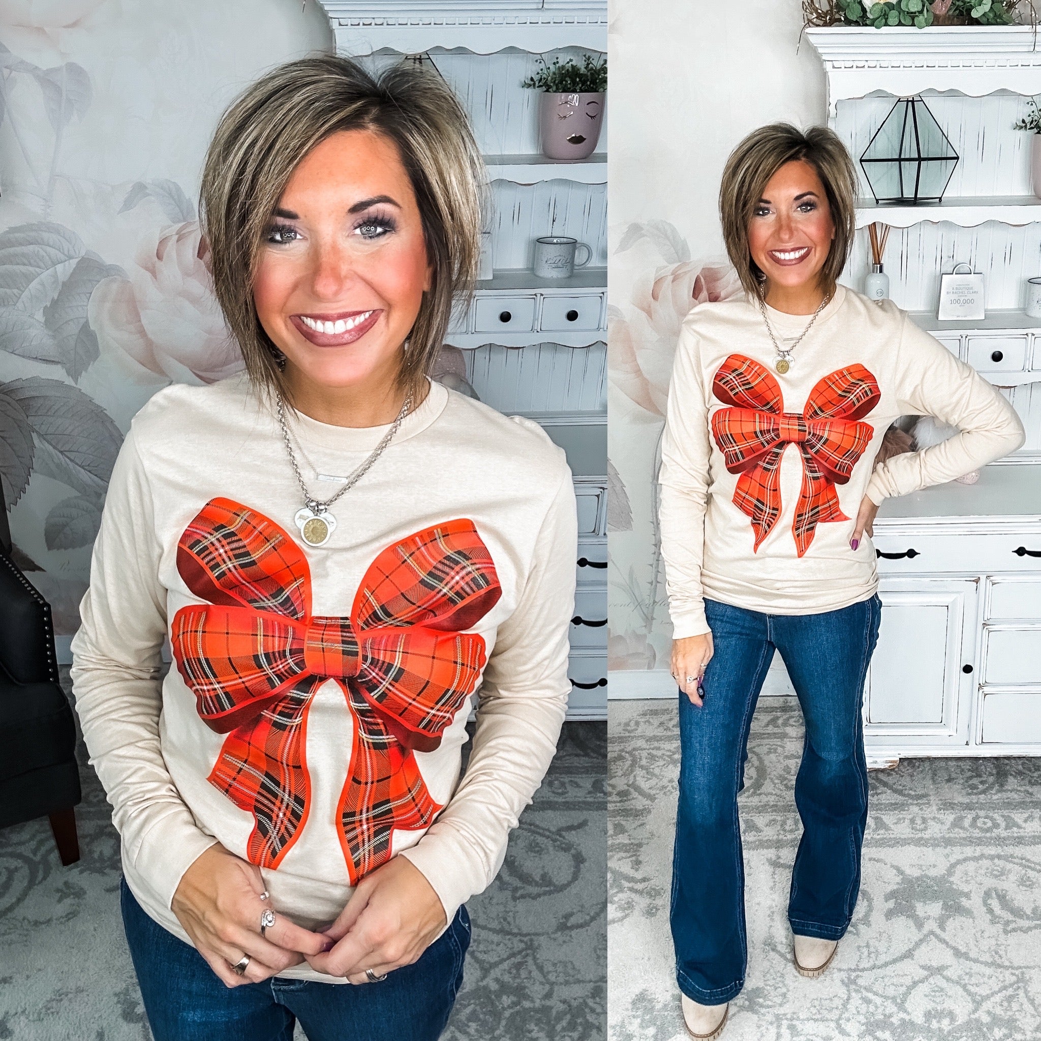 Plaid Bow Long Sleeve Graphic Tee