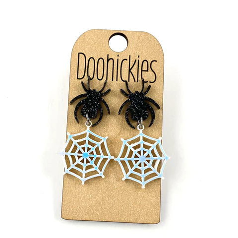 1.75" Glittery Spider & Iridescent Web Acrylic Dangles - Halloween Earrings