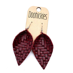 2.5" Basket Weave Leather Petal Earrings - Burgundy