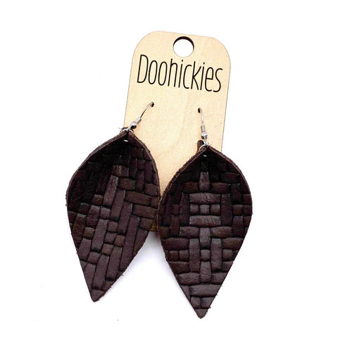 2.5" Basket Weave Leather Petal Earrings - Brown