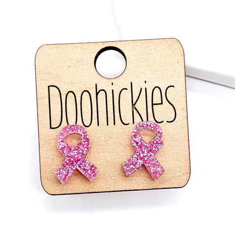 Breast Cancer Awareness Ribbon Stud Earrings - Glitter Pink