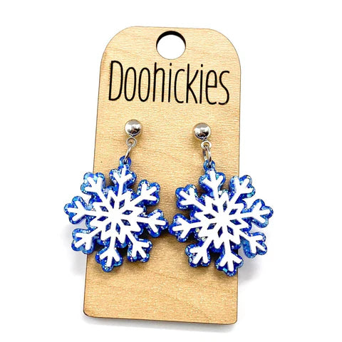 1.25" White and Blue Sparkle Glitter Acrylic Snowflakes Christmas Earrings