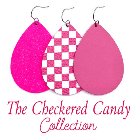 2.5" The Checkered Candy Earrings Collection - Hot Pink Glitter