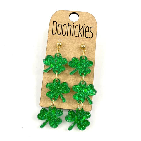 Sparkle Shamrock Acrylic Dangle Earrings - Dark Green