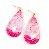 Pink & Gold Swirly Cutout Heart Acrylic Teardrop Earrings