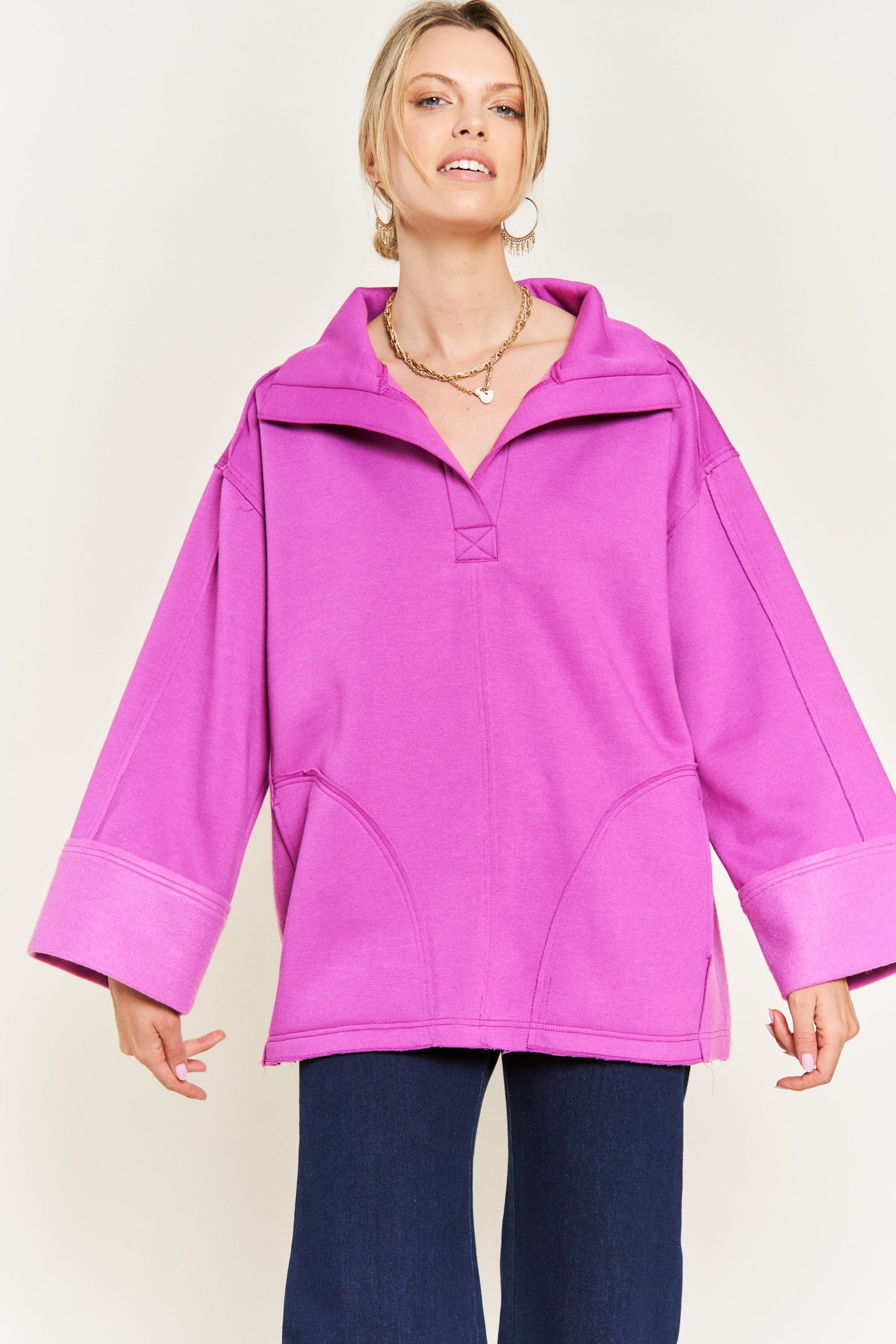 Together At Last Collared Pullover - Magenta