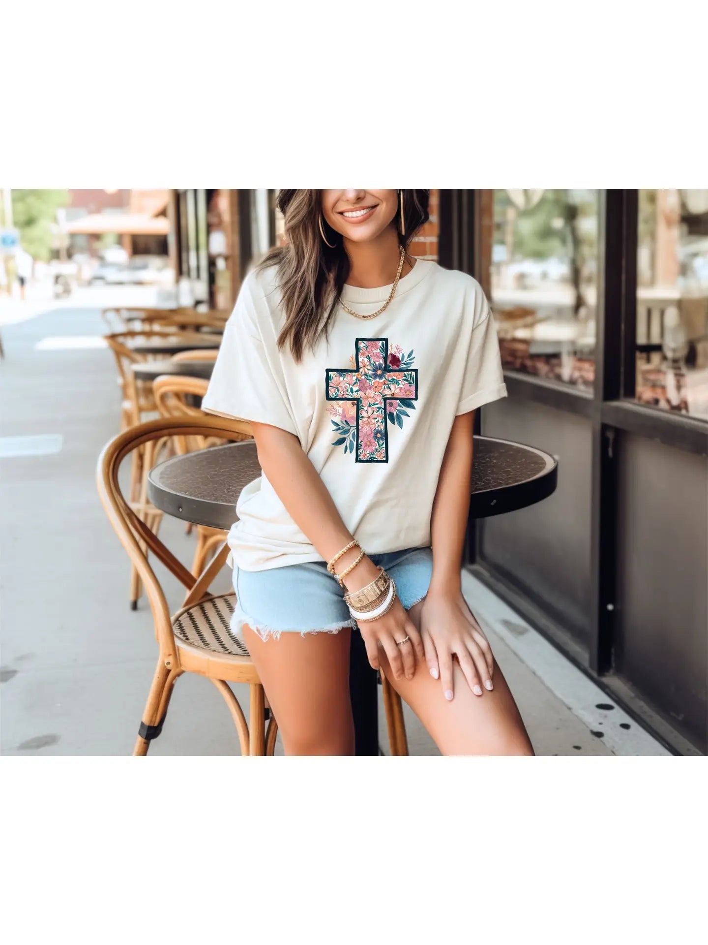 Floral Cream Cross Graphic Tee