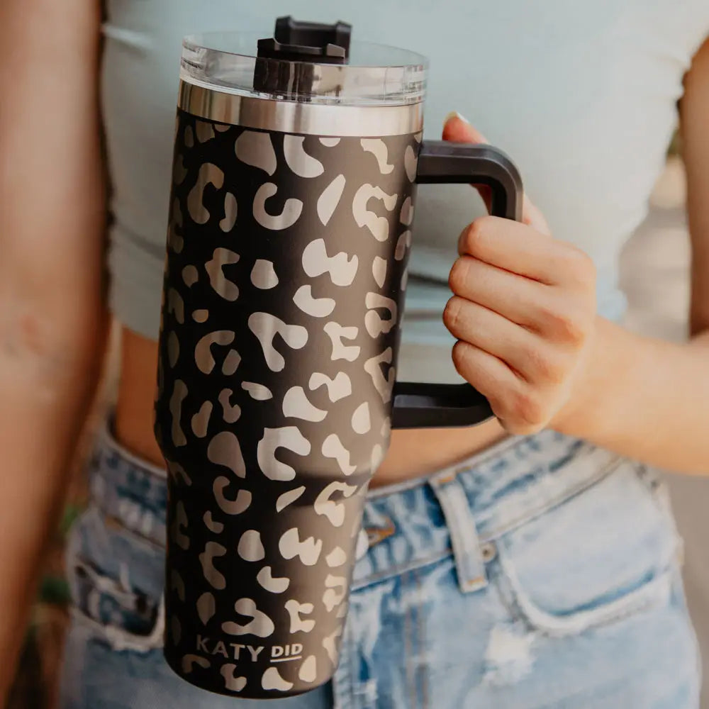 Black Metallic Leopard Tumbler Cup with Handle - 40oz