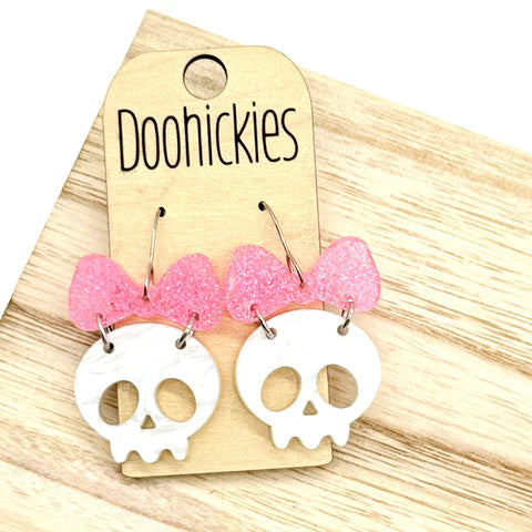 1" Glittery Bow Skull Dangle Collection - Halloween Earrings