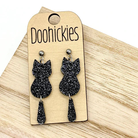 1.75" Black Cat Dangle Tail Kitty - Halloween Earrings